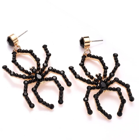 Black Rhinestone Spiders CZ Crystal Post Earrings Gothic Spider Rhinestones New - Picture 1 of 7